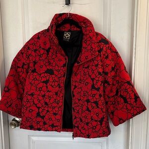 Red and Black Silk Puffer Floral Jacket